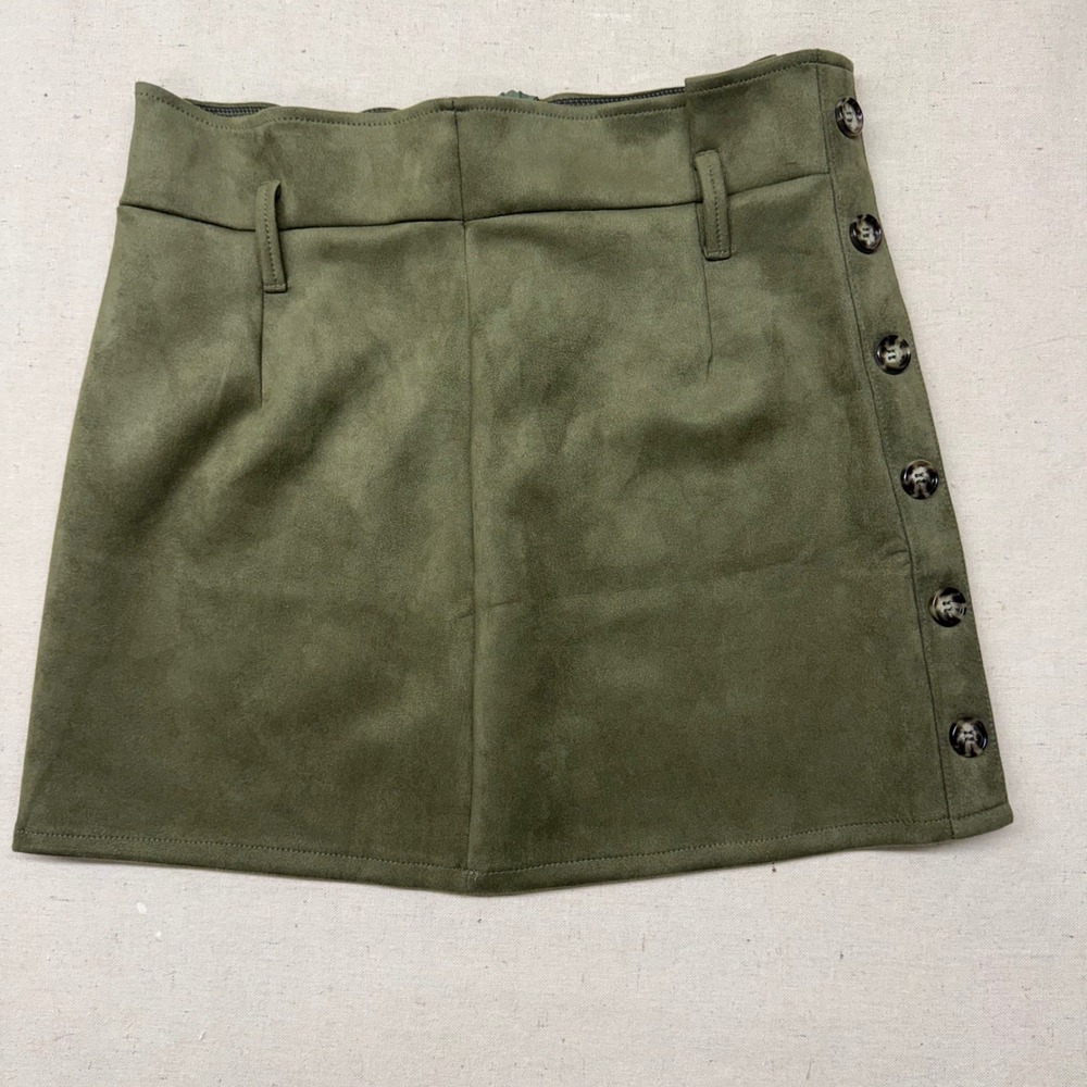 Womens Olive Green Faux Suede A-Line Mini Skirt Side Button Detail XL